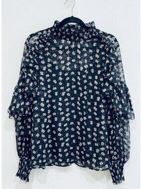 Calligraphie Anthropologie Top Womens XL Black Floral Ruffle Sheer Whimsigoth